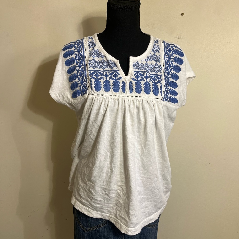GAP White Split-Neck Top with Blue Embroidered Yoke